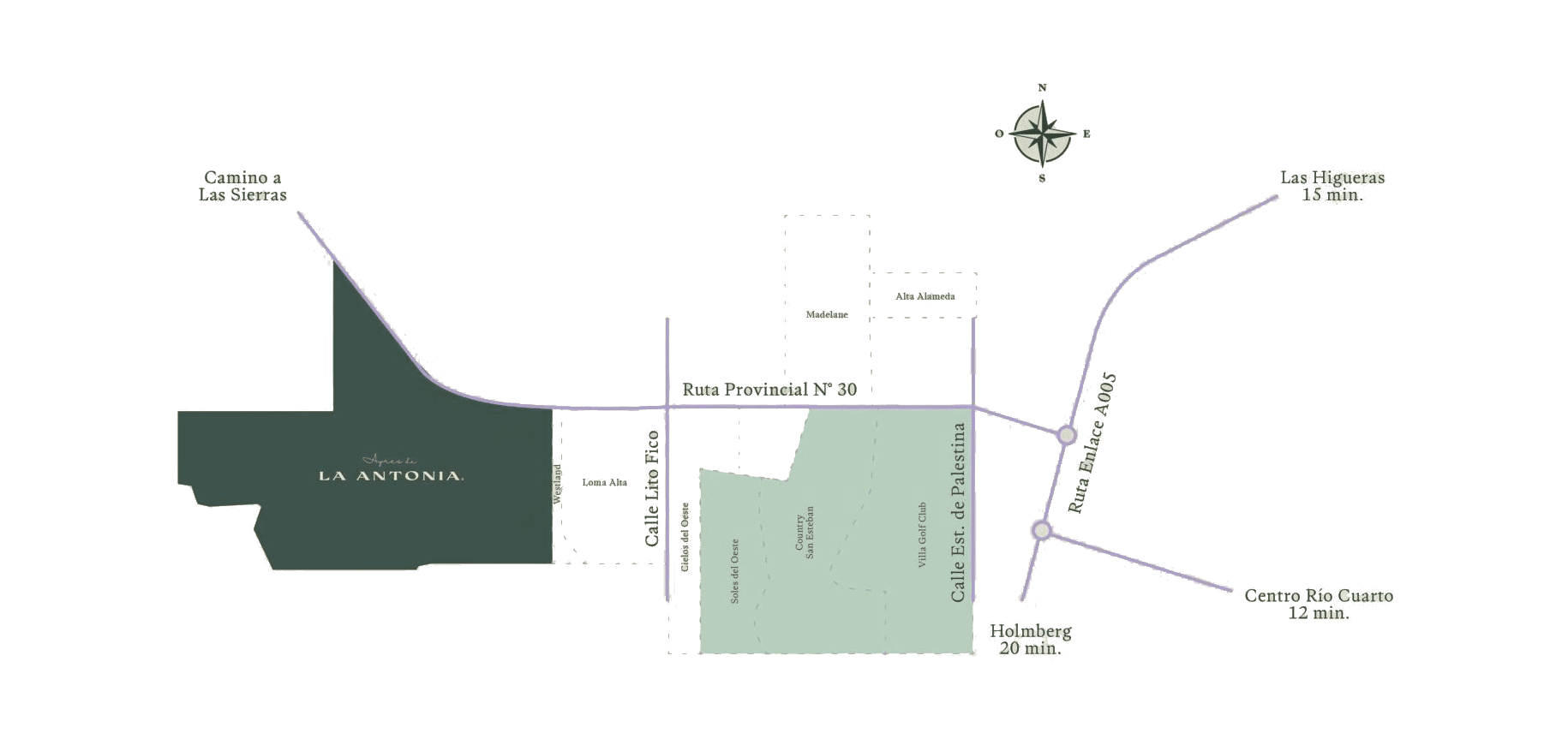 Mapa de ubicación del loteo Ayres de la Antonia en el Distrito Oeste de Río Cuarto