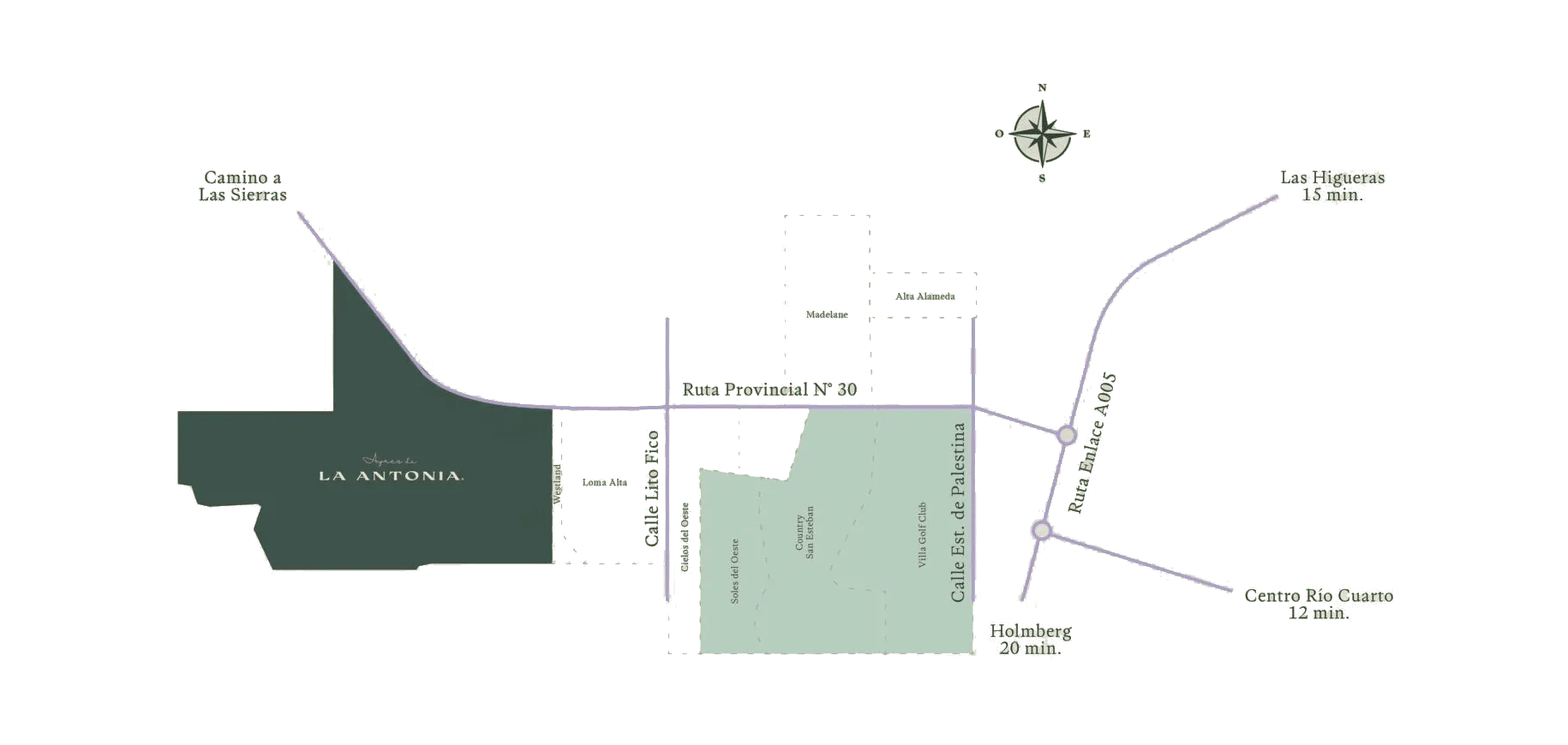 Mapa de ubicación del loteo Ayres de la Antonia en el Distrito Oeste de Río Cuarto